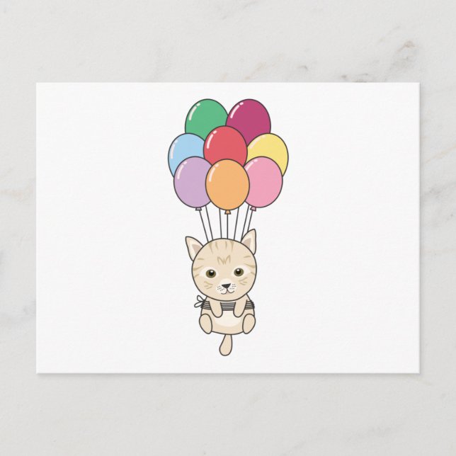 Postal El gato vuela con globos coloridos (Anverso)
