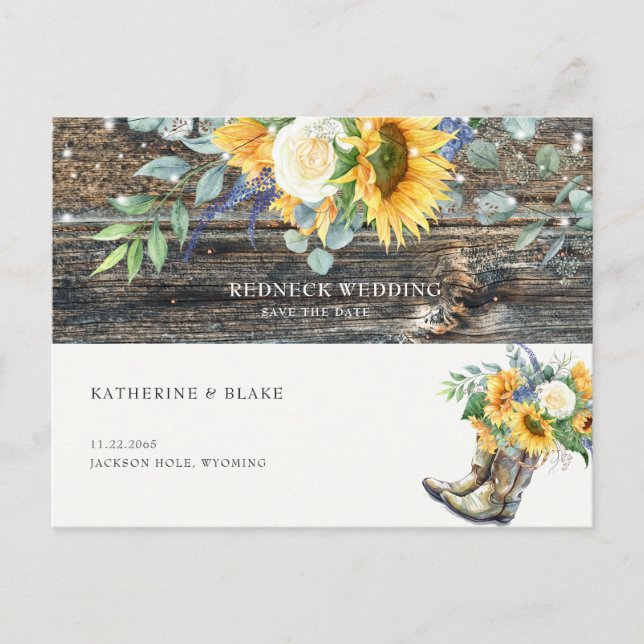 Postal El girasol ruso, Boda de Redneck, salva la fecha (Anverso)