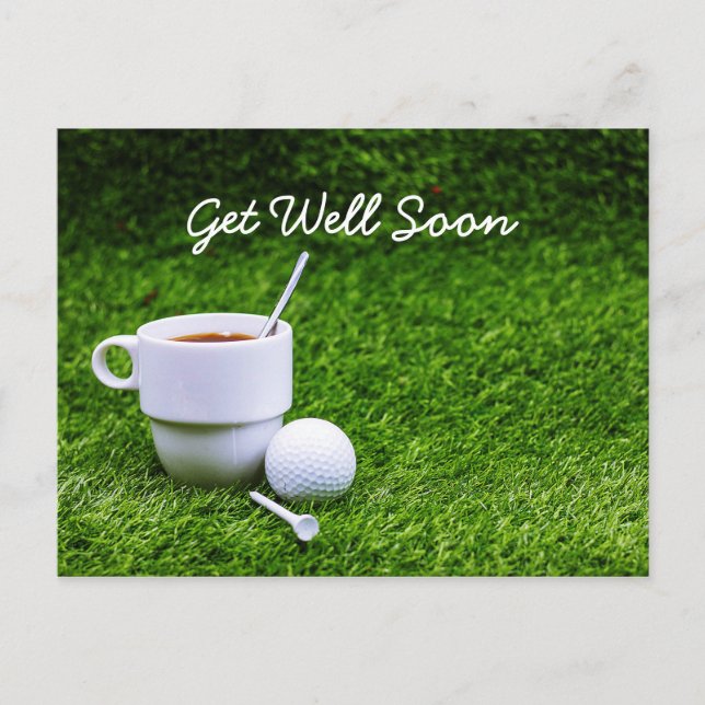 Postal El golf se va bien pronto con una taza de té y una
