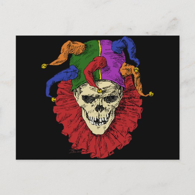 Postal El Gótico de Jester Skull Scary Mardi Gras Clown (Anverso)