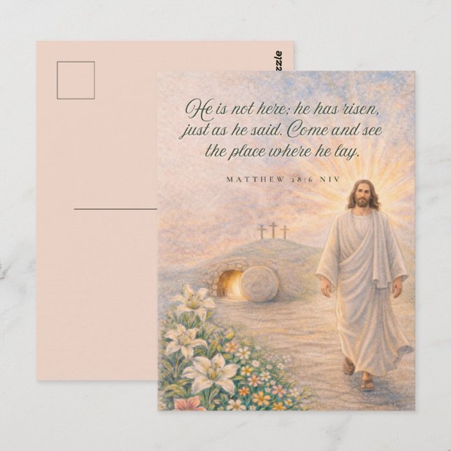 Postal Él ha Resucitado – Mateo 28:6 Versículo Bíblico -  (Anverso / Reverso)