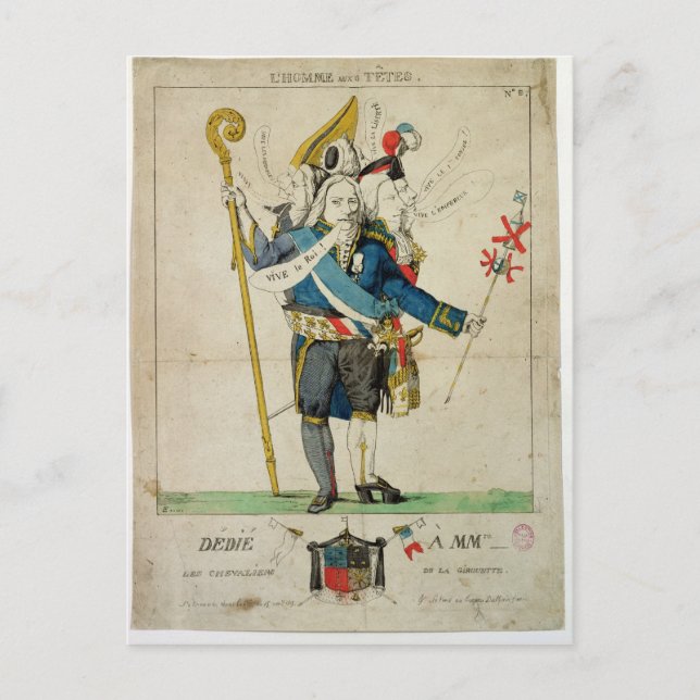 Postal El hombre con seis cabezas, caricatura de Carlos (Anverso)