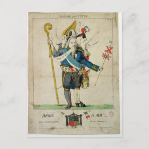 Postal El hombre con seis cabezas, caricatura de Carlos