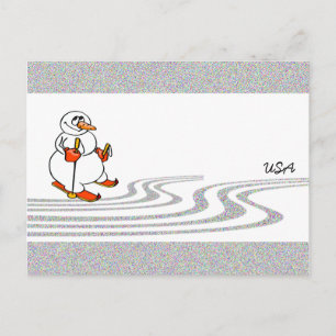 Postal El hombre de nieve esquiando -