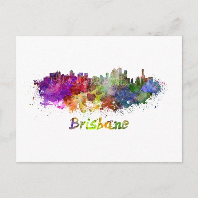 Postal El horizonte de Brisbane en salpicaduras de acuare (Anverso)