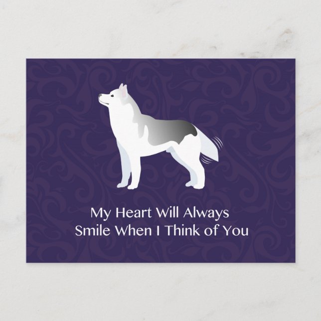 Postal El Husky Perro Siberiano Plateado pensando en ti (Anverso)