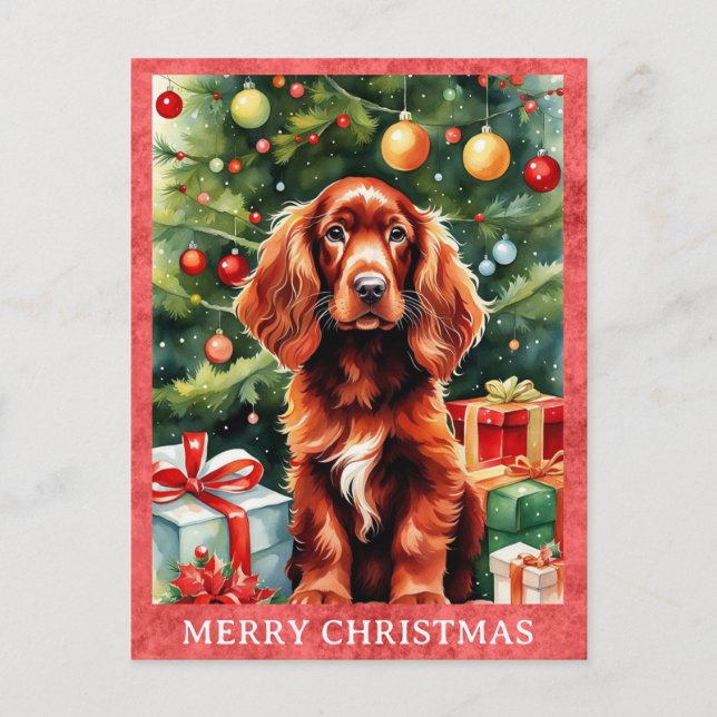 Postal El irlandés Setter Merry Christmas Cute Puppy Dog (Anverso)