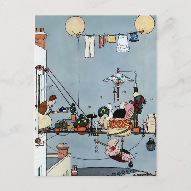 Postal “El jardín plegable” de W Heath Robinson (Anverso)