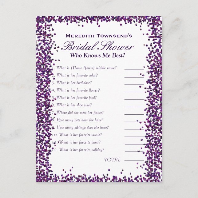 Postal El juego de quién me conoce | Confetti morado (Anverso)