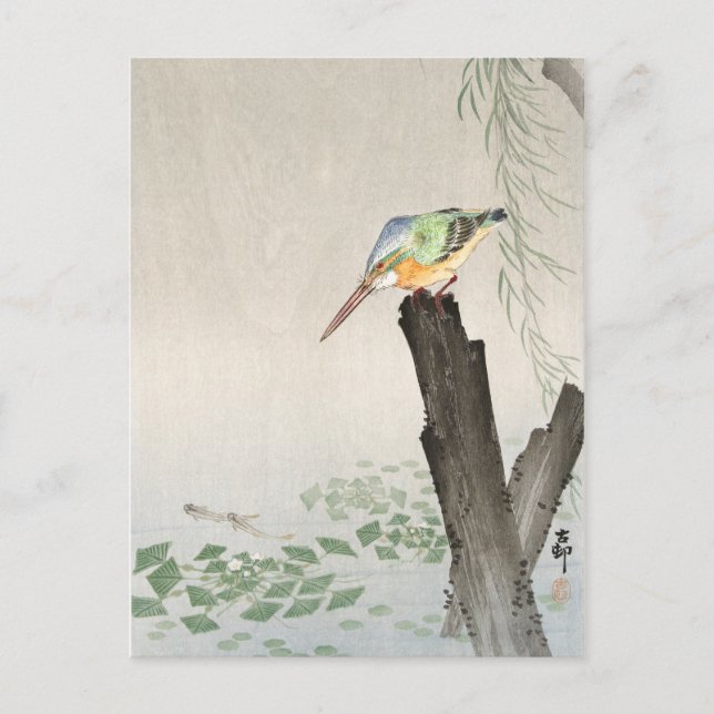 Postal El Kingfisha en un trozo de árbol Arte Ohara Koson (Anverso)
