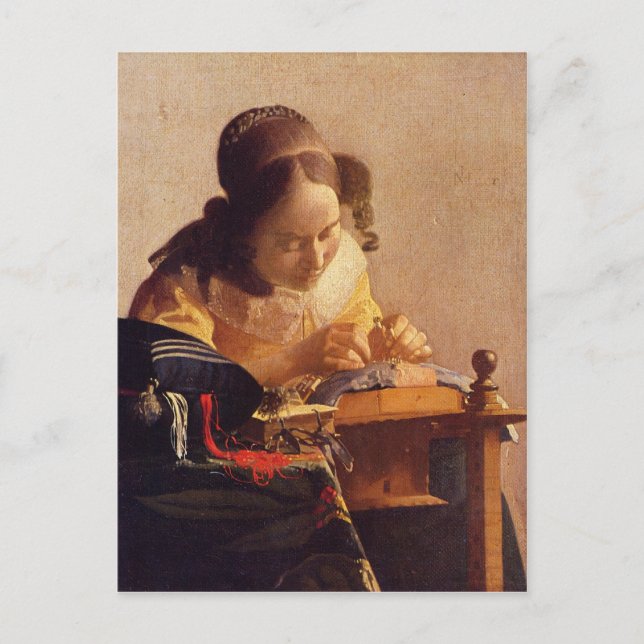 Postal El Lacemaker de Johannes Vermeer (Anverso)