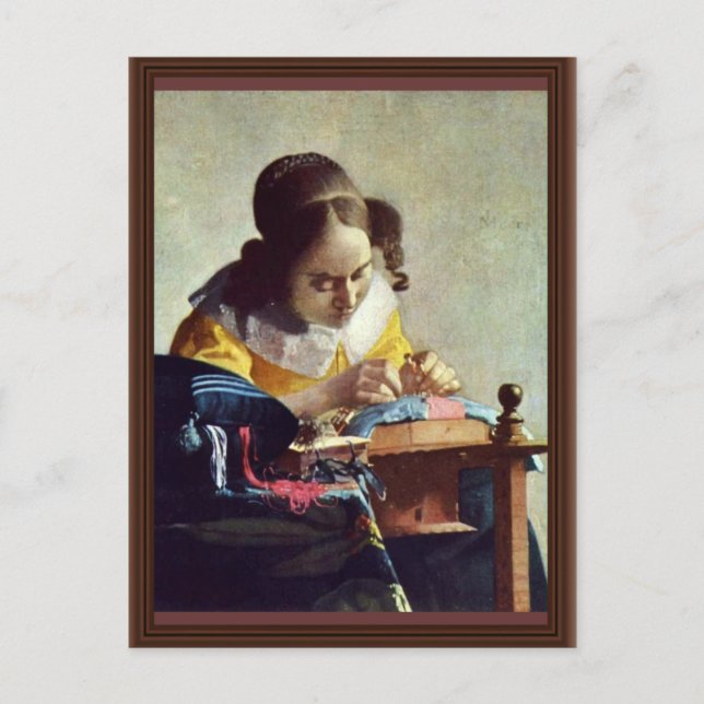 Postal El Lacemaker, Français La Dentelière, Por Vermeer (Anverso)