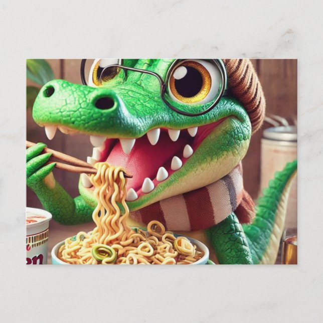 Postal El lagarto Cute Kawaii comiendo Ramen (Anverso)