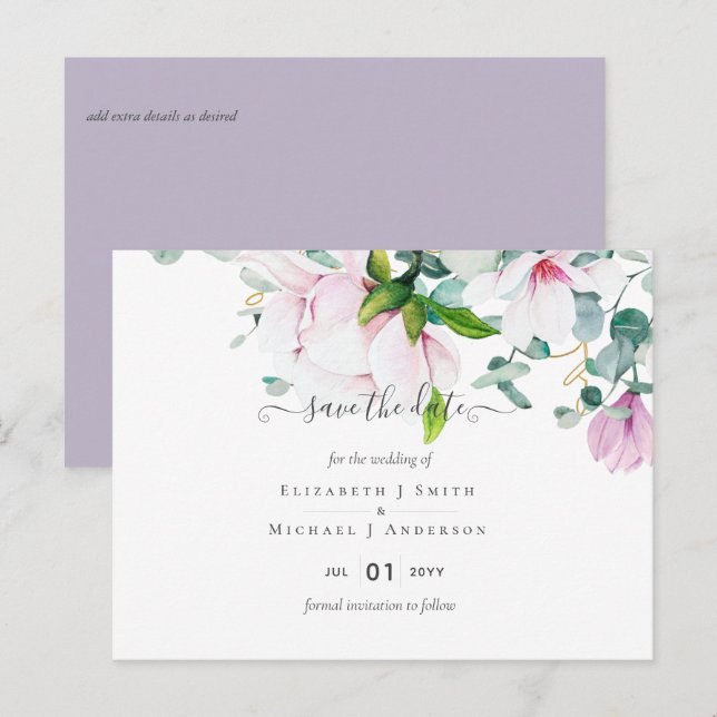 Postal El lavanda de Magnolias rosadas Eucalyptus Save Da (Anverso / Reverso)