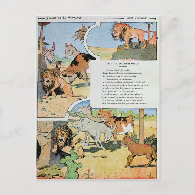 Postal El león envejecido, de las fábulas (Anverso)