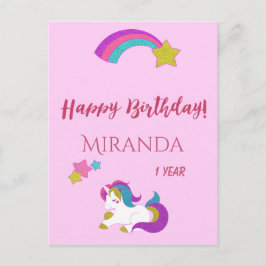 Postal El lindo unicornio mágico día feliz 1º cumpleaños