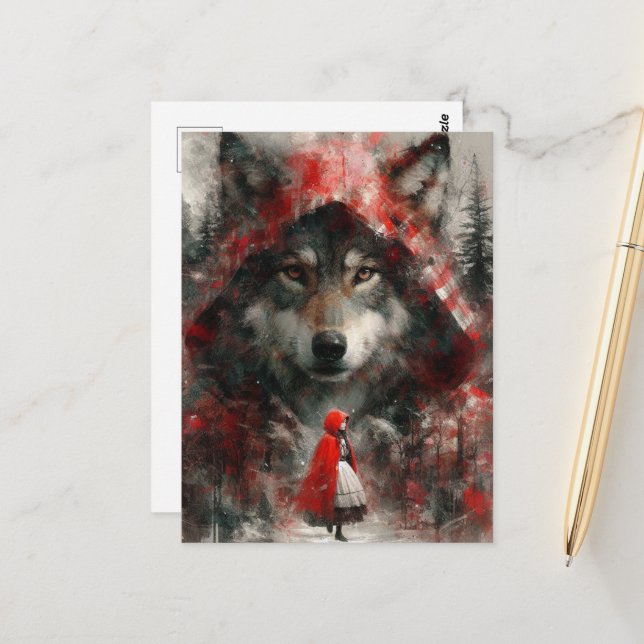 Postal El lobo observa un poco de rojo (Anverso/Reverso In Situ)