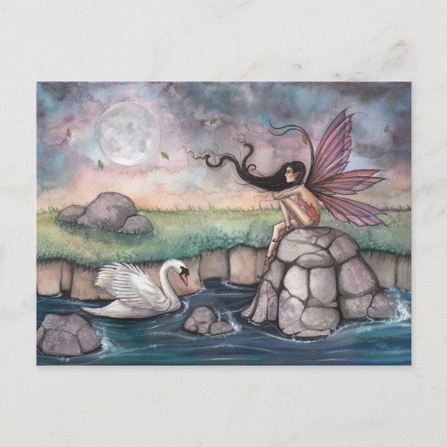 Postal El lugar de encuentro Fairy and Swan Fantasy Art (Anverso)