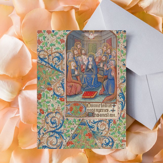 Postal El manuscrito medieval iluminado de Pentecost (The Pentecost Descent of the Holy Spirit Medieval Illuminated Manuscript Catholic Christian Postcard)