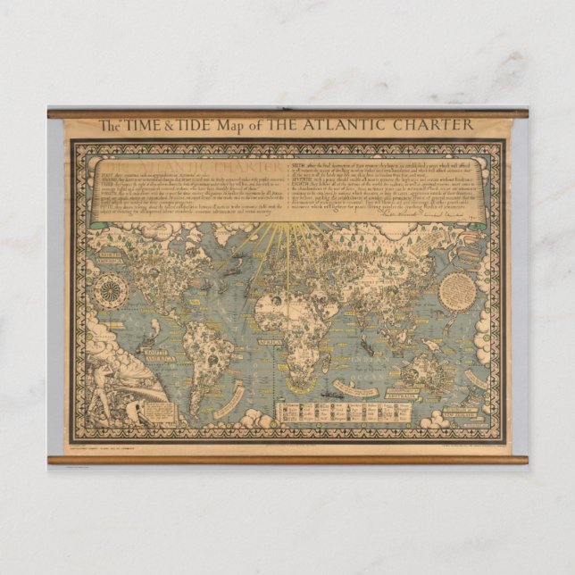 Postal El mapa del "tiempo y marea" de la Carta Atlántica (Anverso)