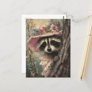 Postal El mapache adorable con un vestido rosado