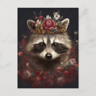 Postal El mapache adorable en una corona con flores