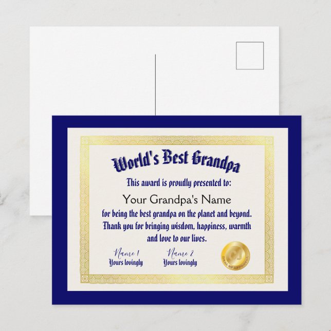 Postal El mejor certificado de abuelo de un mundo diverti (Anverso / Reverso)