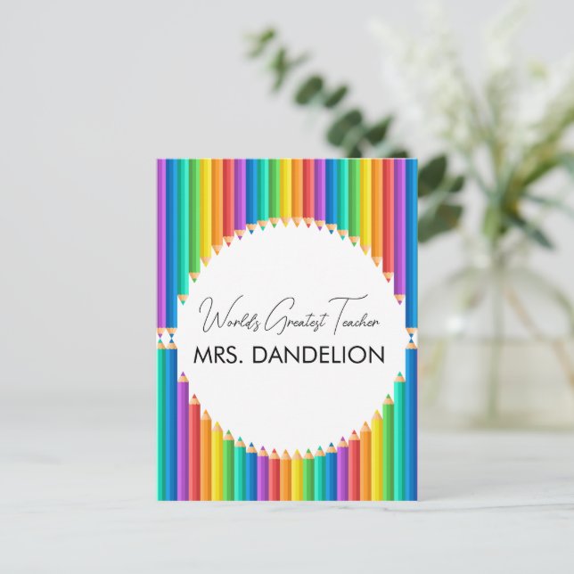 Postal El mejor profesor del mundo, Rainbow Crayons Schoo (Anverso de pie)