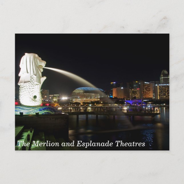 Postal El Merlion de Singapur y los teatros de la Explana (Anverso)