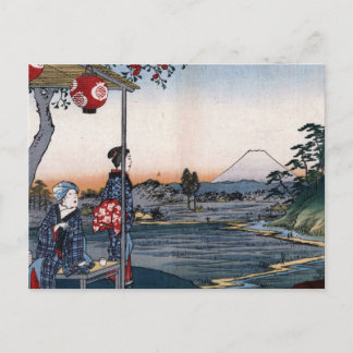 Postal El monte Fuji visto desde una casa de té. Japón de