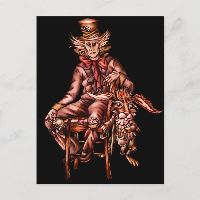 Postal El odio loco con el dibujo de la liebre de marzo (Anverso)