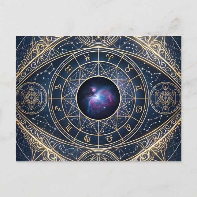 Postal El Ojo Celestial — Geometría Sagrada Zodíaco Cosmo (Anverso)