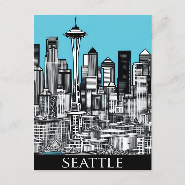 Postal El paisaje urbano de Seattle en Washington en blan (Anverso)