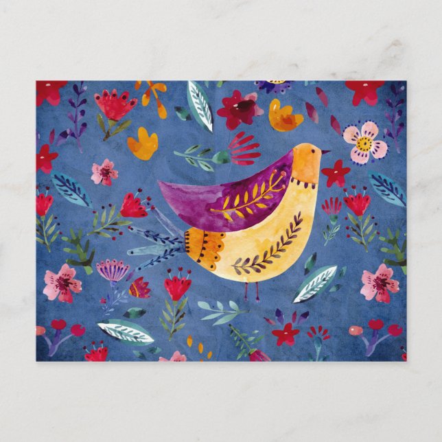 Postal El pájaro temprano en el jardín de flores (Anverso)