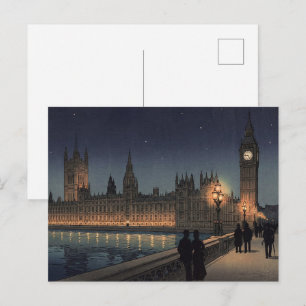 Postal El Palacio de Westminster Grabado en Madera Japoné