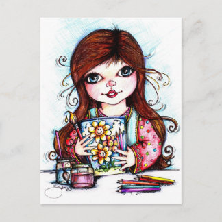Postal El pequeño artista pintando flores felices