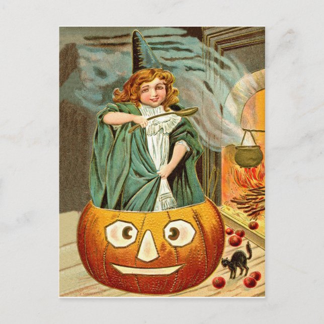 Postal El pequeño chica de brujas está cocinando en una c (Anverso)
