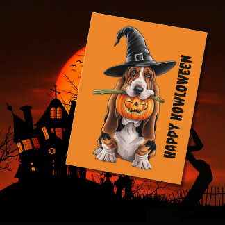 Postal El perro de Basset con brujas gorra y calabaza