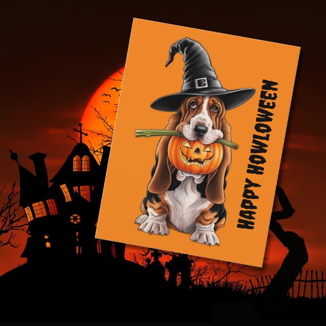 Postal El perro de Basset con brujas gorra y calabaza (Subido por el creador)
