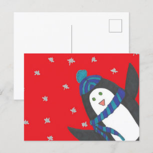 Postal El pingüino de Navidades escuetos en rojo