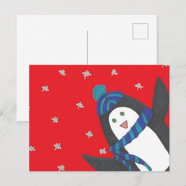 Postal El pingüino de Navidades escuetos en rojo (Anverso / Reverso)