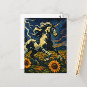 Postal El pinto unicornio en una tormenta