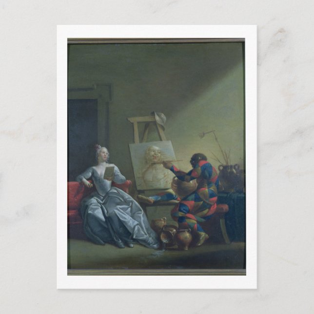 Postal El pintor del Harlequin, c.1742 (aceite en lona) (Anverso)