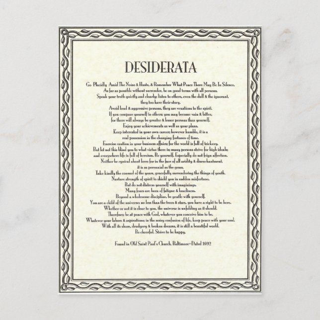 Postal El poema de Desiderata de Max Ehrmann (Anverso)