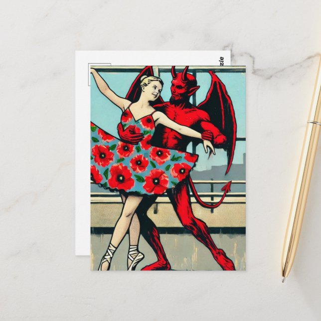 Postal El PopArt Retro Devil con bailarina en un vestido  (Anverso/Reverso In Situ)