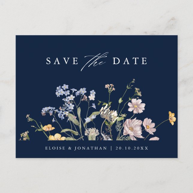 Postal El prado de flores silvestres de la primavera azul (Anverso)