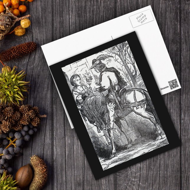 Postal El príncipe de la historia de hadas en la princesa (Old Time black white fairy tale image of prince on horse giving flowers to his love on a postcard.)