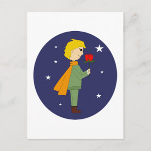 Postal El principito admirando su rosa
