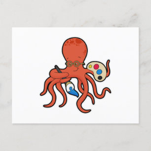 Postal El pulpo como pintor con pintura y pincel