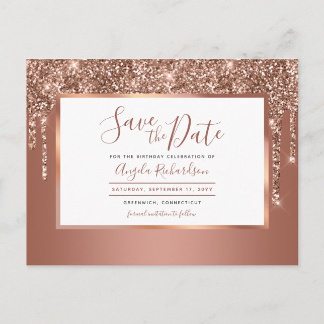Postal El Purpurina Rosa Gold Sparkle Drin Save the Date (Anverso)